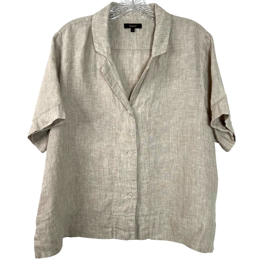 Quince Womens 100% Linen Classic Neutral Tan Button Down Shirt Minimalist Size L - Picture 2 of 14